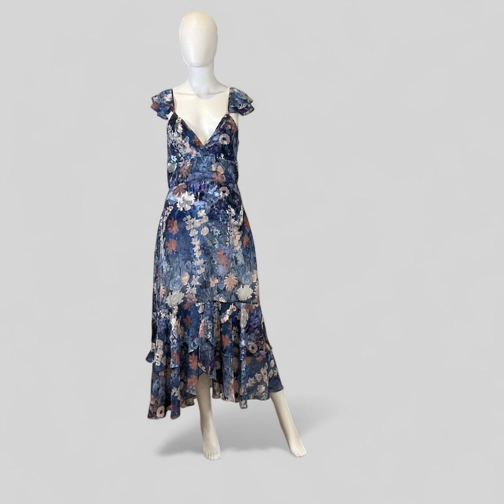Hutch by Anthropologie Blue Floral Ruffle Midi Maxi Dress Size 10 Cottagecore
